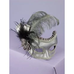 Forum Novelty Halloween Silver Satin Mask W/Feather & Bow