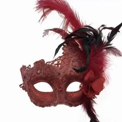 K.B.W. Lace Eye Mask With Side Upsweep & Feather Halloween