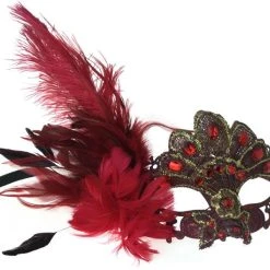 K.B.W. Lace Eye Mask With Side Feather & Gems Halloween