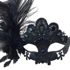 K.B.W. Lace Eye Mask With Side Feather & Gems Halloween